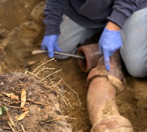 | Gene's Water & Sewer gloved hands working on sewer line repair